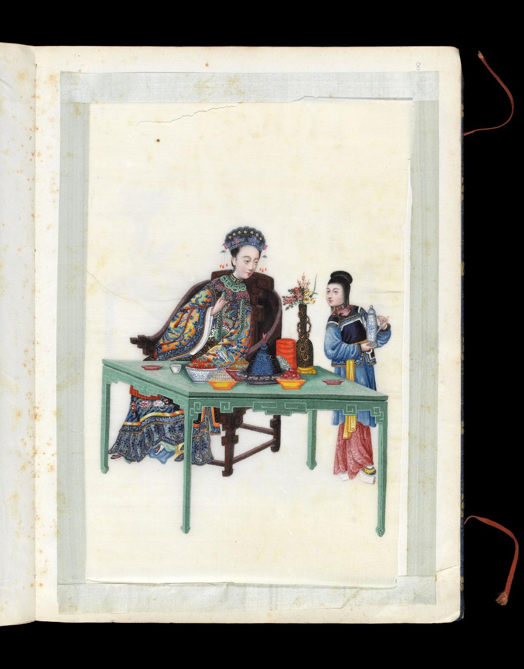 An image of Album: Manchu Officials with four additional drawings of birds. A woman dining. Youqua (Chinese, ac.1840-1870). Album containing 16 watercolours on pith paper (including 4 loose folios). Watercolour, bodycolour, and ink with heightening in white, gold and silver on pith paper, laid down with with strips of blue silk-covered paper, height 337 mm, width 250 mm, 19th Century. Chinese. Production Note: Export album made for the Western market.