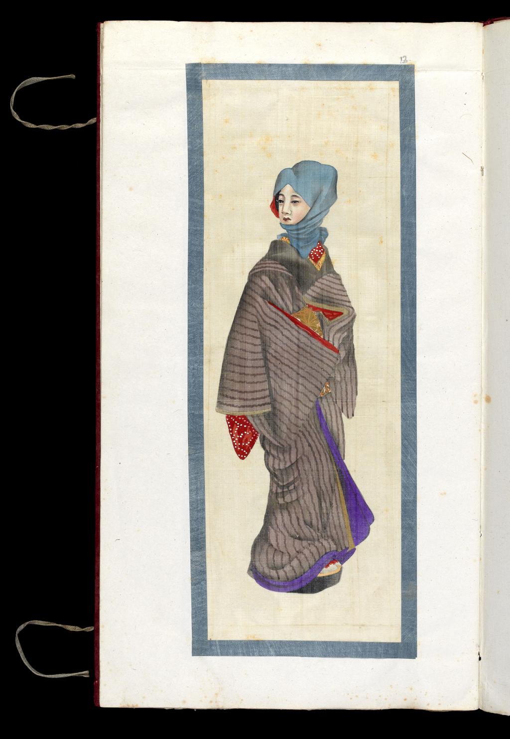 An image of Japanese woman. Watercolour with white highlights on silk. Album of Japanese Costume. Album bound in red fabric over board containing 14 folios with 13 drawings pasted in. Height 427 mm, width 233 mm.