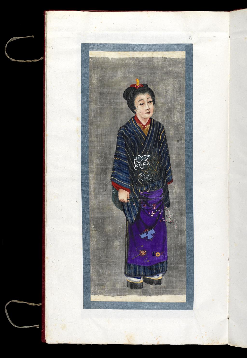 An image of Japanese woman. Watercolour with white highlights on silk. Album of Japanese Costume. Album bound in red fabric over board containing 14 folios with 13 drawings pasted in. Height 427 mm, width 233 mm.