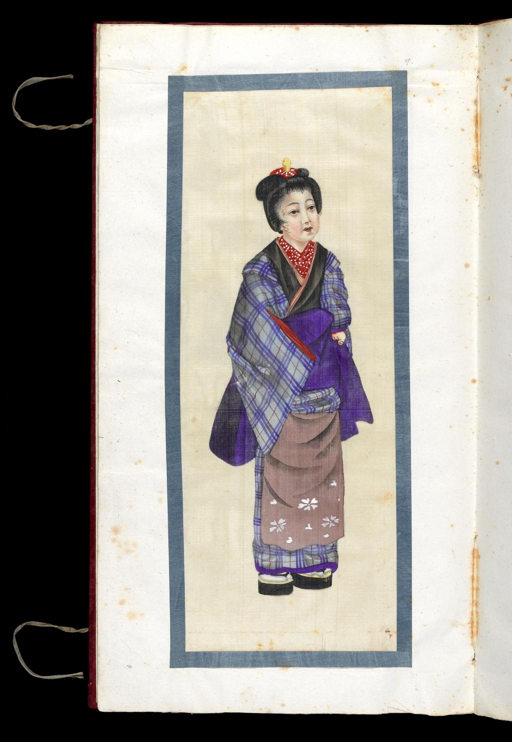 An image of Japanese woman. Watercolour with white highlights on silk. Album of Japanese Costume. Album bound in red fabric over board containing 14 folios with 13 drawings pasted in. Height 427 mm, width 233 mm.