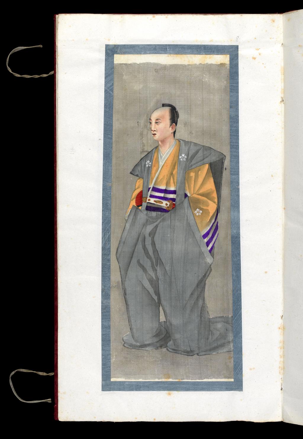 An image of Japanese man. Watercolour with white highlights on silk. Album of Japanese Costume. Album bound in red fabric over board containing 14 folios with 13 drawings pasted in. Height 427 mm, width 233 mm.