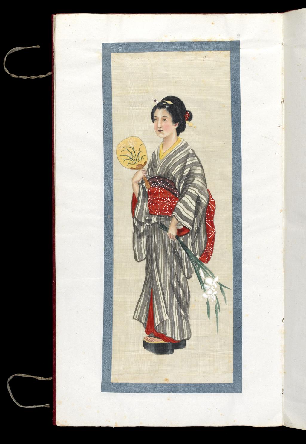 An image of Japanese woman. Watercolour with white highlights on silk. Album of Japanese Costume. Album bound in red fabric over board containing 14 folios with 13 drawings pasted in. Height 427 mm, width 233 mm.