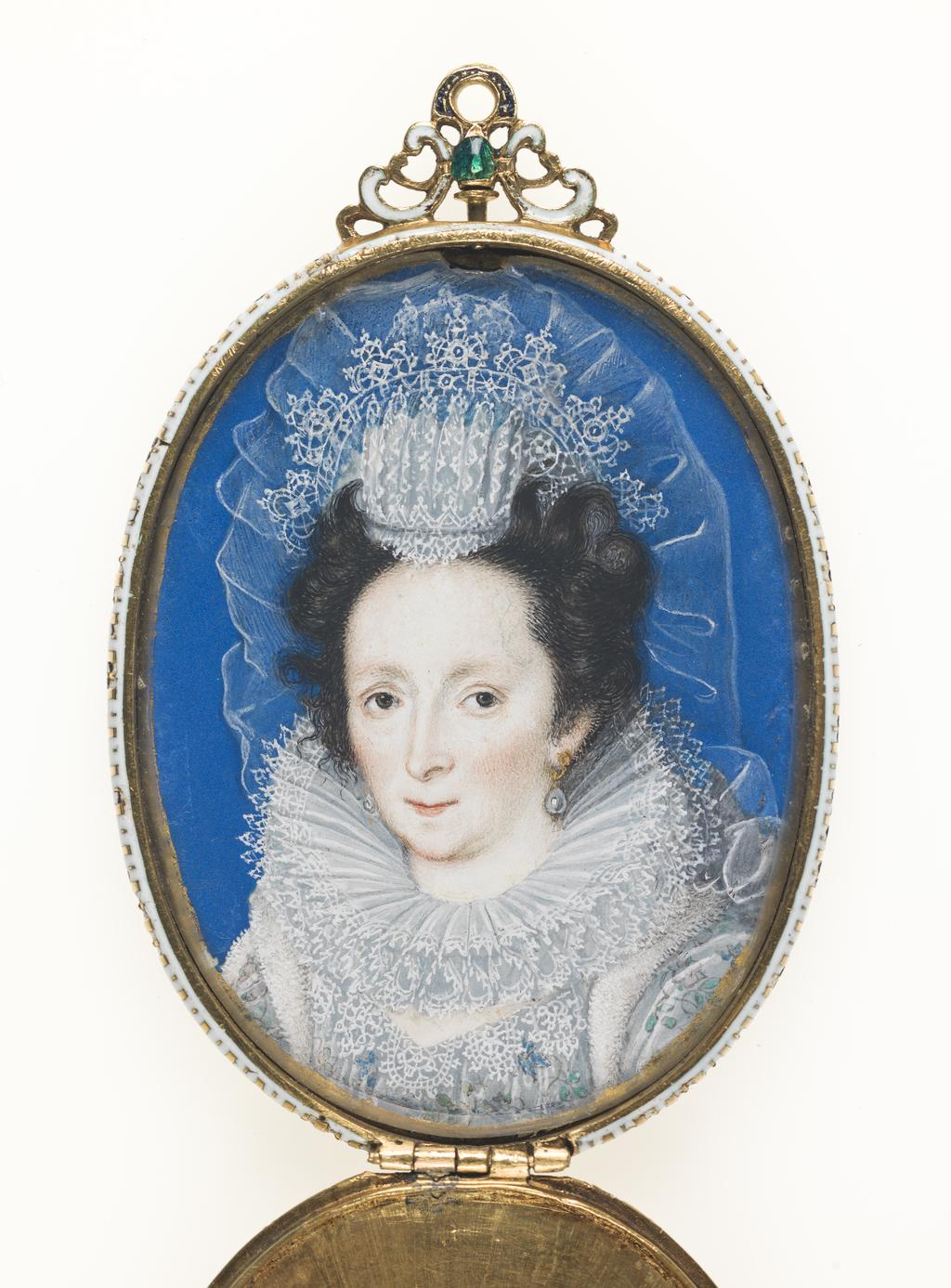 An image of Elizabeth, Countess of Rutland 1585-1612. Oliver, Isaac I (school of, British, c.1556-1617). Watercolour on vellum on card, height 54 mm, width 42 mm, circa 1612. Elizabethan.