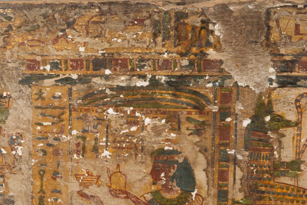 An image of Funerary equipment/ coffin. Coffins (2) and lid, of 'Chief of scribes of the temple of Amun Re, Nespawershefi'. Wood, depth, 49 cm, width 60 cm, length 206 cm, length 190 cm, length, lid, 179 cm. Production Place: Egypt. Find Spot: Thebes. Third Intermediate period, 1000 B.C.