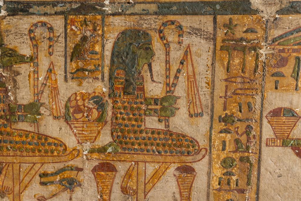 An image of Funerary equipment/ coffin. Coffins (2) and lid, of 'Chief of scribes of the temple of Amun Re, Nespawershefi'. Wood, depth, 49 cm, width 60 cm, length 206 cm, length 190 cm, length, lid, 179 cm. Production Place: Egypt. Find Spot: Thebes. Third Intermediate period, 1000 B.C.