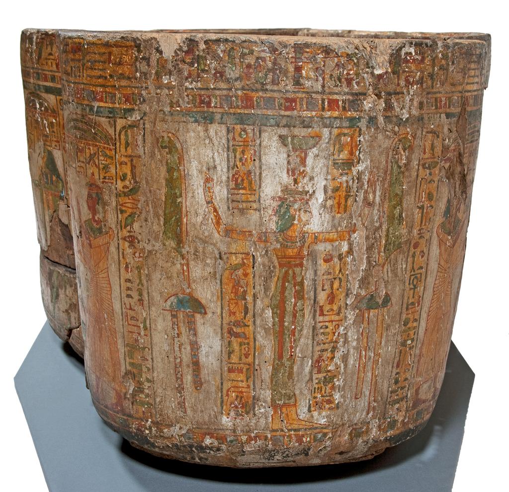 An image of Funerary equipment/ coffin. Coffins (2) and lid, of 'Chief of scribes of the temple of Amun Re, Nespawershefi'. Wood, depth, 49 cm, width 60 cm, length 206 cm, length 190 cm, length, lid, 179 cm. Production Place: Egypt. Find Spot: Thebes. Third Intermediate period, 1000 B.C.
