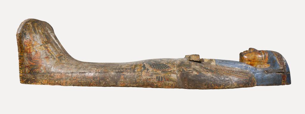 An image of Funerary equipment/ coffin. Coffins (2) and lid, of 'Chief of scribes of the temple of Amun Re, Nespawershefi'. Wood, depth, 49 cm, width 60 cm, length 206 cm, length 190 cm, length, lid, 179 cm. Production Place: Egypt. Find Spot: Thebes. Third Intermediate period, 1000 B.C.