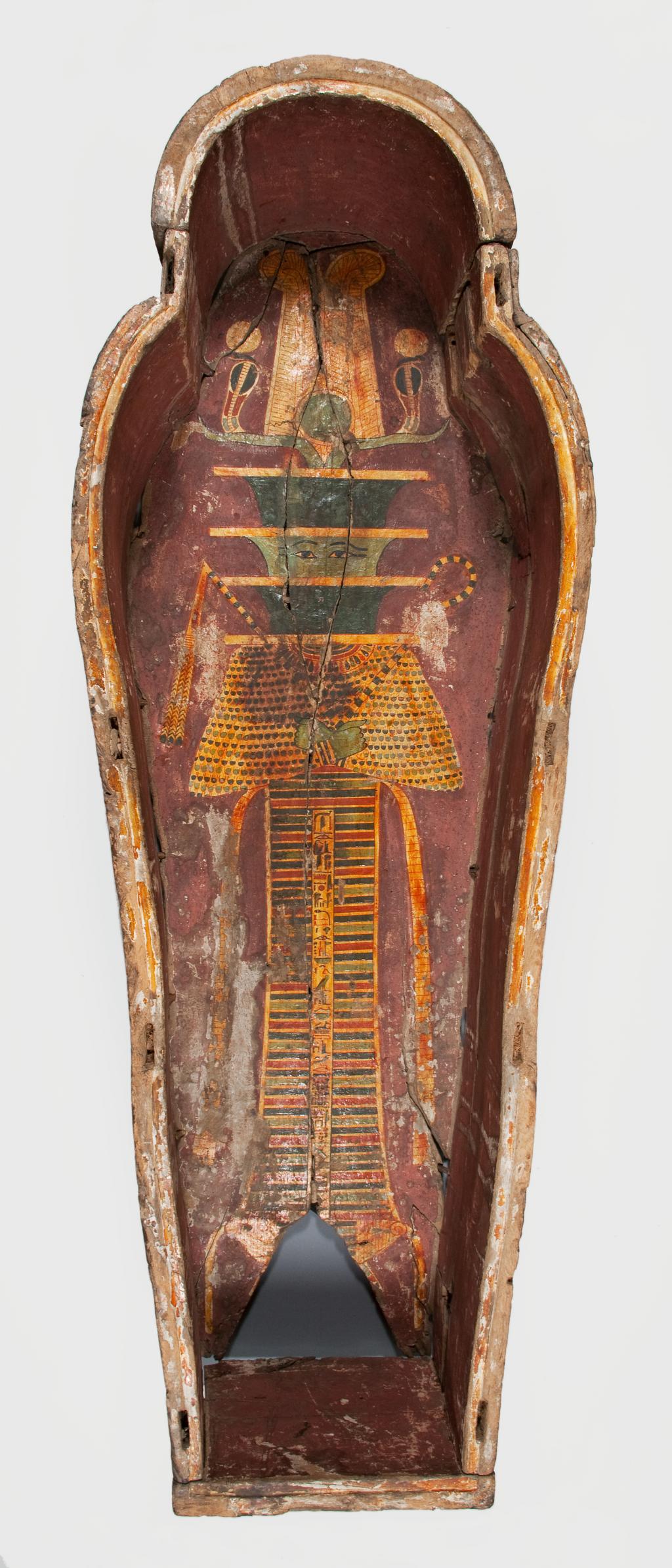 An image of Funerary equipment/ coffin. Coffins (2) and lid, of 'Chief of scribes of the temple of Amun Re, Nespawershefi'. Wood, depth, 49 cm, width 60 cm, length 206 cm, length 190 cm, length, lid, 179 cm. Production Place: Egypt. Find Spot: Thebes. Third Intermediate period, 1000 B.C.