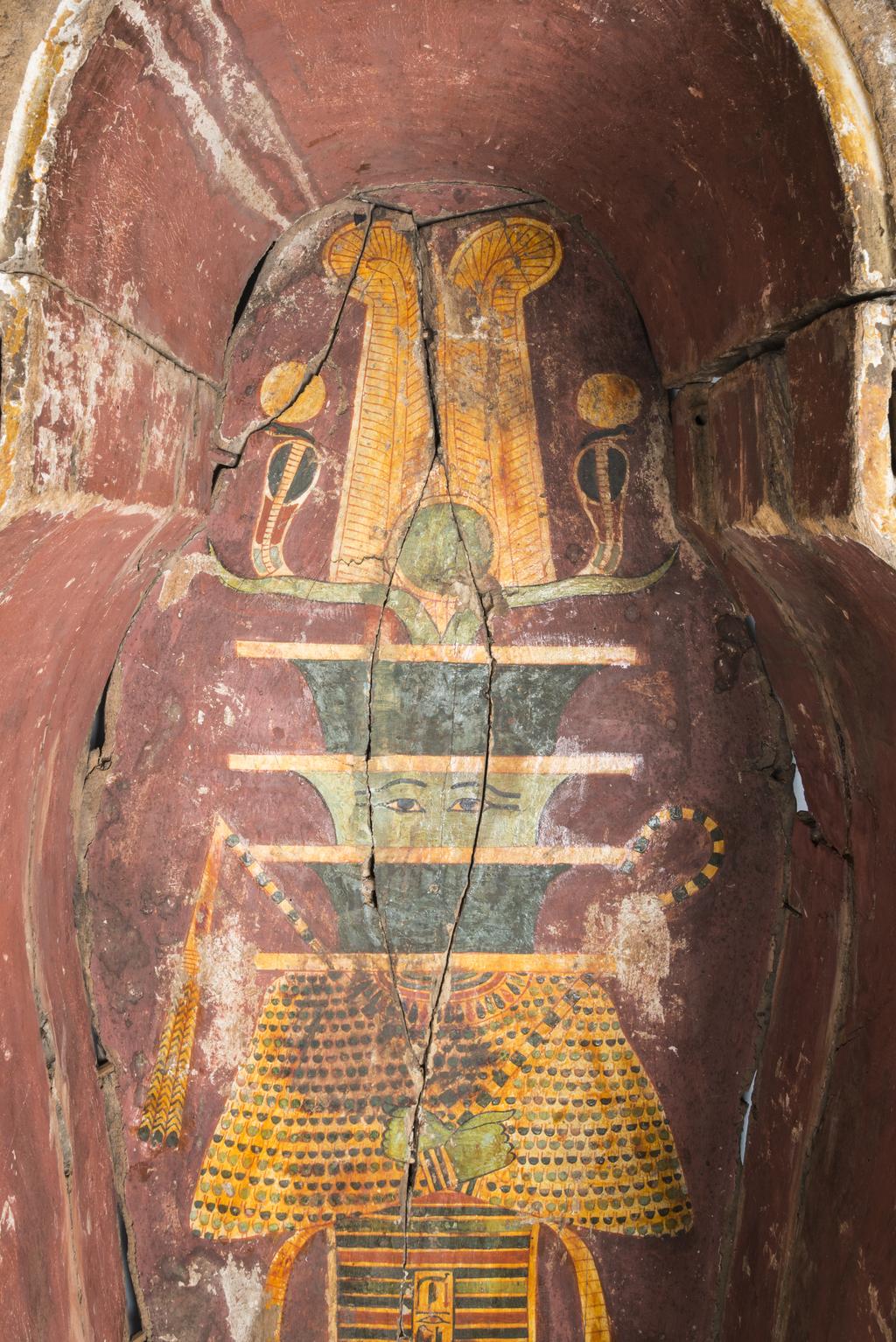 An image of Funerary equipment/ coffin. Coffins (2) and lid, of 'Chief of scribes of the temple of Amun Re, Nespawershefi'. Wood, depth, 49 cm, width 60 cm, length 206 cm, length 190 cm, length, lid, 179 cm. Production Place: Egypt. Find Spot: Thebes. Third Intermediate period, 1000 B.C.