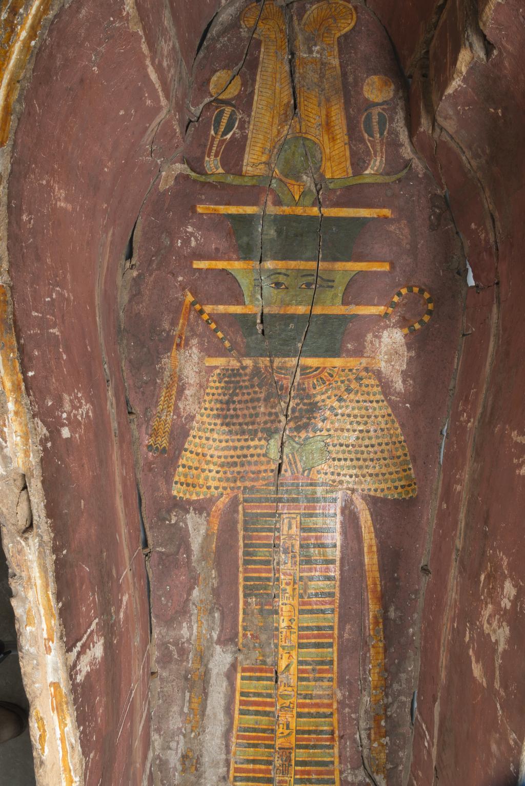 An image of Funerary equipment/ coffin. Coffins (2) and lid, of 'Chief of scribes of the temple of Amun Re, Nespawershefi'. Wood, depth, 49 cm, width 60 cm, length 206 cm, length 190 cm, length, lid, 179 cm. Production Place: Egypt. Find Spot: Thebes. Third Intermediate period, 1000 B.C.