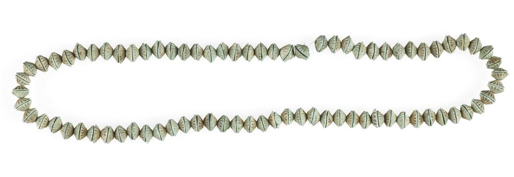 An image of Beadsstring of blue-green glazed, conical flower beads