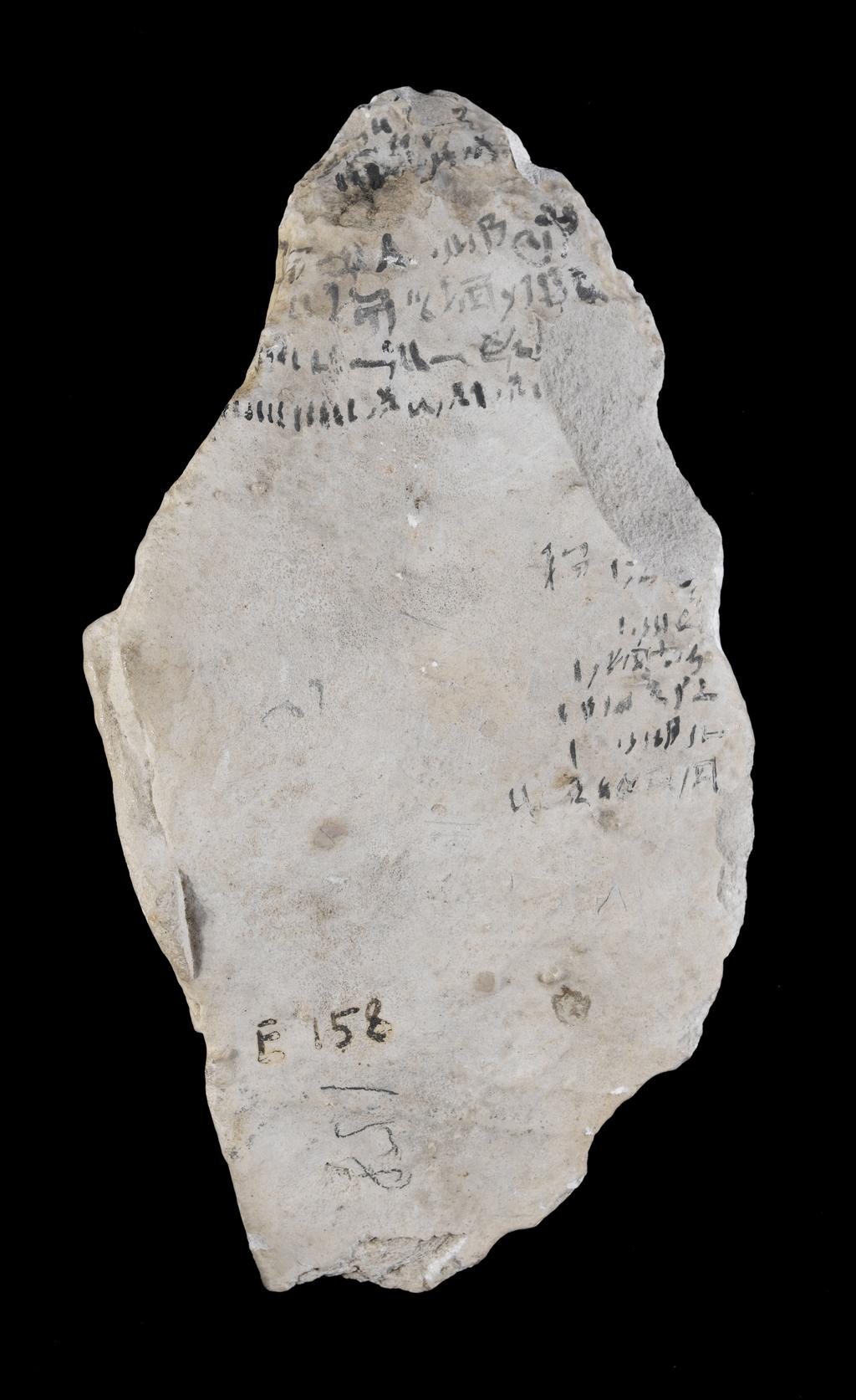 An image of Written Document. Ostracon. Hieratic text. Production Place: Egypt. Find Spot: Abydos; E158. Height 0.18 m. Eighteenth Dynasty. New Kingdom.