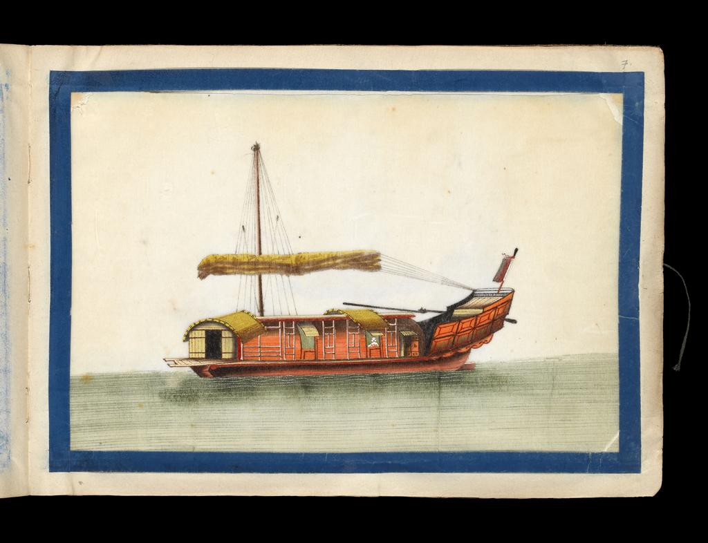 An image of Chinese boats. Chop boat. Album containing 12 watercolours on pith paper. Production Place: Guangzhou, historically known as Canton. Watercolour, bodycolour and ink with heightening in white on pith paper, height 250 mm, width 337 mm, 19th Century. Chinese.