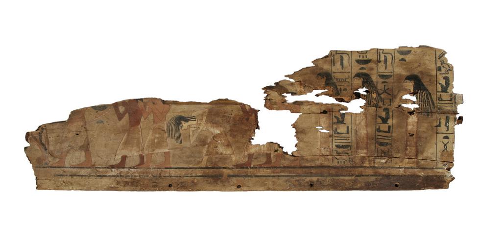 An image of Funerary Equipment. Coffin fragments, decorated. This coffin shows a procession of mourners, who consisted of friends, servants and family of the deceased. Unlike the Middle Kingdom eye coffins, where both eyes are shown on a single panel, this example only has one eye on each of the side panels. Production Place: Egypt, Find Spot: Arabah, el- Egypt. Wood, painted, height 39.3 cm, length 111.6 cm, 1580-1550 B.C. Previously attributed to Dynasty 13. Seventeenth Dynasty. Middle Kingdom.