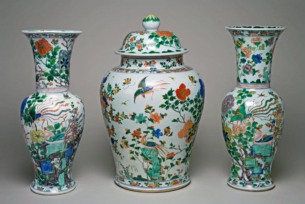 An image of Vase from a Garniture of Five Vases. Yan yan shape. Hard-paste porcelain, painted overglaze in enamels in the famille verte palette, and gilt, height 71 cm, 1680-1720. Chinese. Kangxi Period (1662-1722). Qing Dynasty (1644-1912). Production Notes: Post-conservation.