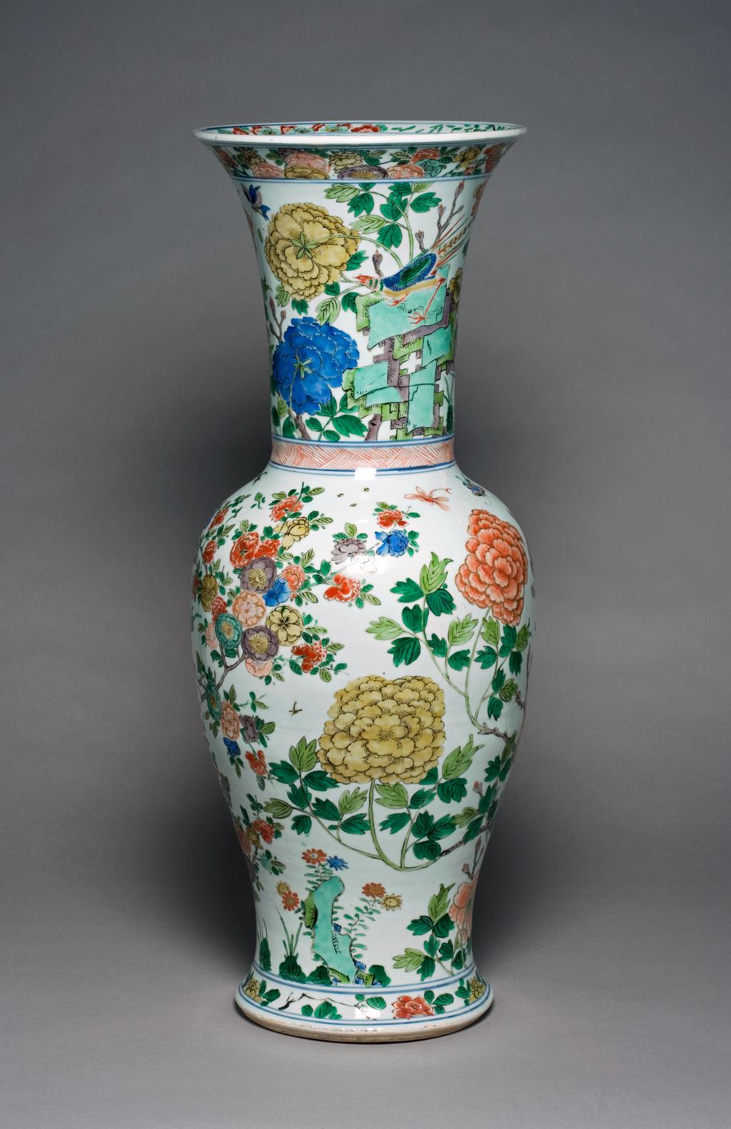 An image of Vase from a Garniture of Five Vases. Yan yan shape. Hard-paste porcelain, painted overglaze in enamels in the famille verte palette, and gilt, height 71.5 cm, 1680-1720. Chinese. Kangxi Period (1662-1722). Qing Dynasty (1644-1912). Production Notes: Post-conservation.