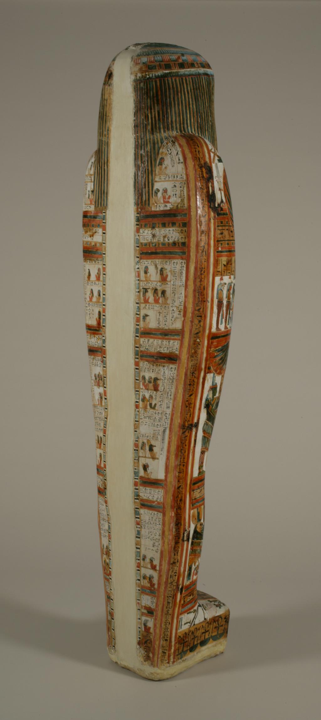 An image of Funerary equipment. Coffin, of the chief priest of Karnak, Nekht-ef-Mut. Production Place: Egypt. Find Spot: Ramesseum, Thebes, Egypt. Painted wood, depth 0.33 m, height 1.775 m, width 0.44 m, 924 to 889 B.C. Twenty-second Dynasty. Third Intermediate Period.