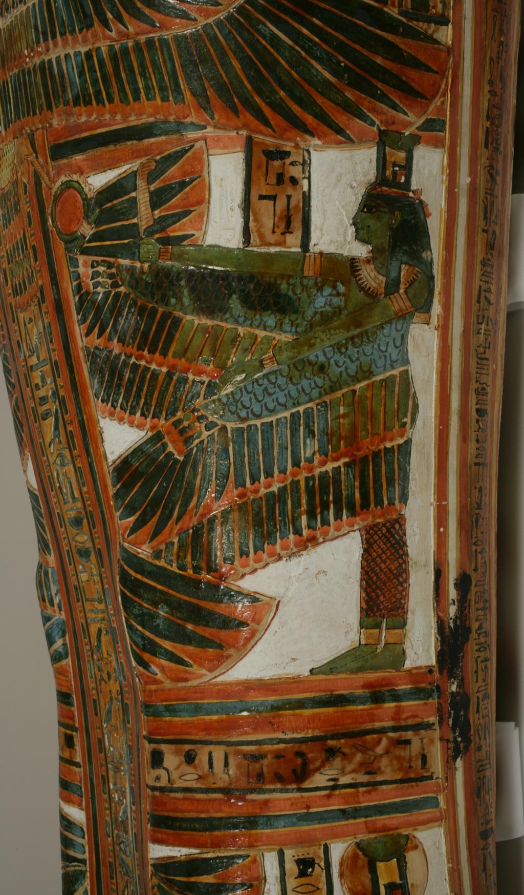 An image of Funerary equipment. Coffin, of the chief priest of Karnak, Nekht-ef-Mut. Production Place: Egypt. Find Spot: Ramesseum, Thebes, Egypt. Painted wood, depth 0.33 m, height 1.775 m, width 0.44 m, 924 to 889 B.C. Twenty-second Dynasty. Third Intermediate Period.