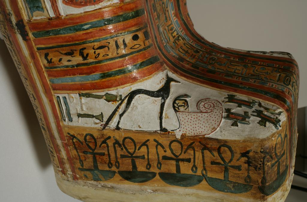 An image of Funerary equipment. Coffin, of the chief priest of Karnak, Nekht-ef-Mut. Production Place: Egypt. Find Spot: Ramesseum, Thebes, Egypt. Painted wood, depth 0.33 m, height 1.775 m, width 0.44 m, 924 to 889 B.C. Twenty-second Dynasty. Third Intermediate Period.