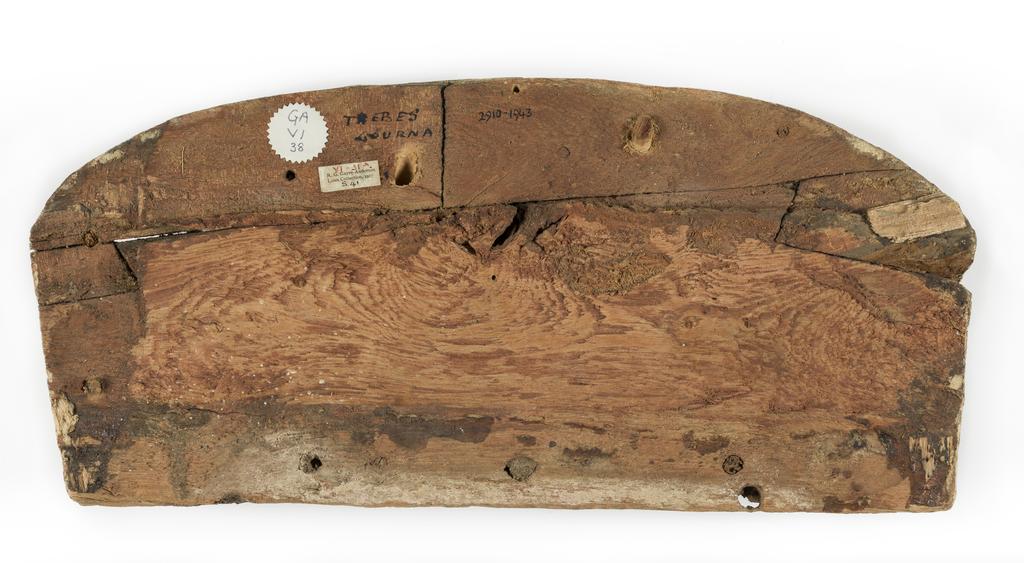 An image of Funerary equipment/coffin. Foot-end of coffin, painted with figure of Isis, arms outstretched. Production Place: Egypt. Find Spot: Thebes Gourna, Egypt. Wood, height 17.3 cm, width 38.0 cm, thickness 1.8 cm, circa 1500- circa 1400 B.C.