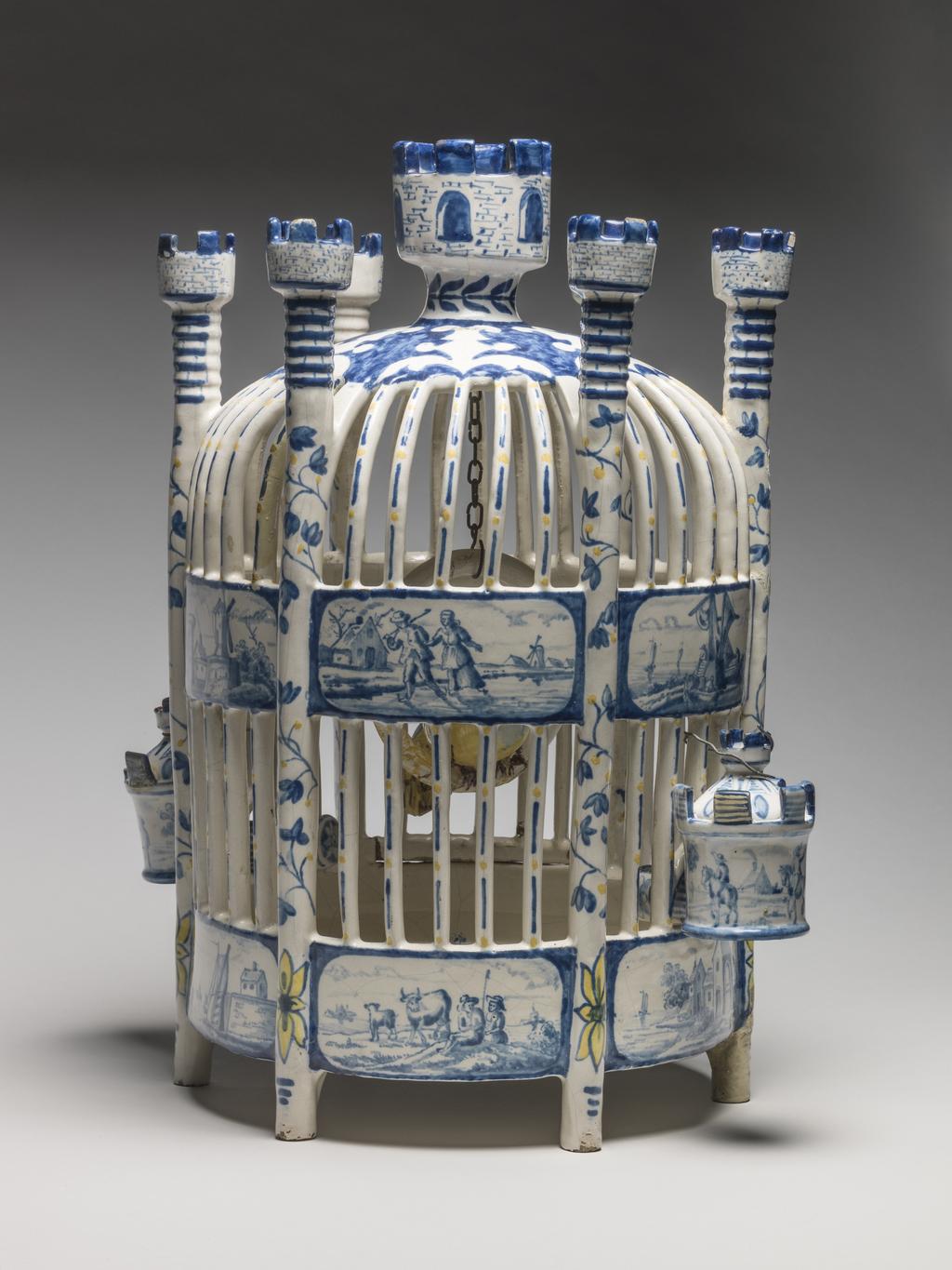 An image of Delftware. Bird Cage. Production Place: Holland, Delft, United Provinces of the Netherlands. Tin-glazed earthenware, circa 1700-1720.