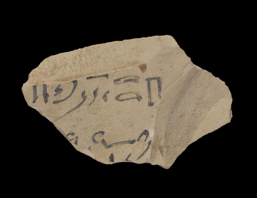 An image of Written Document. Ostracon, hieratic text, one side, black ink. Production Place/Find Spot: Egypt. Limestone, length 0.038 m, width 0.06 m. New Kingdom.