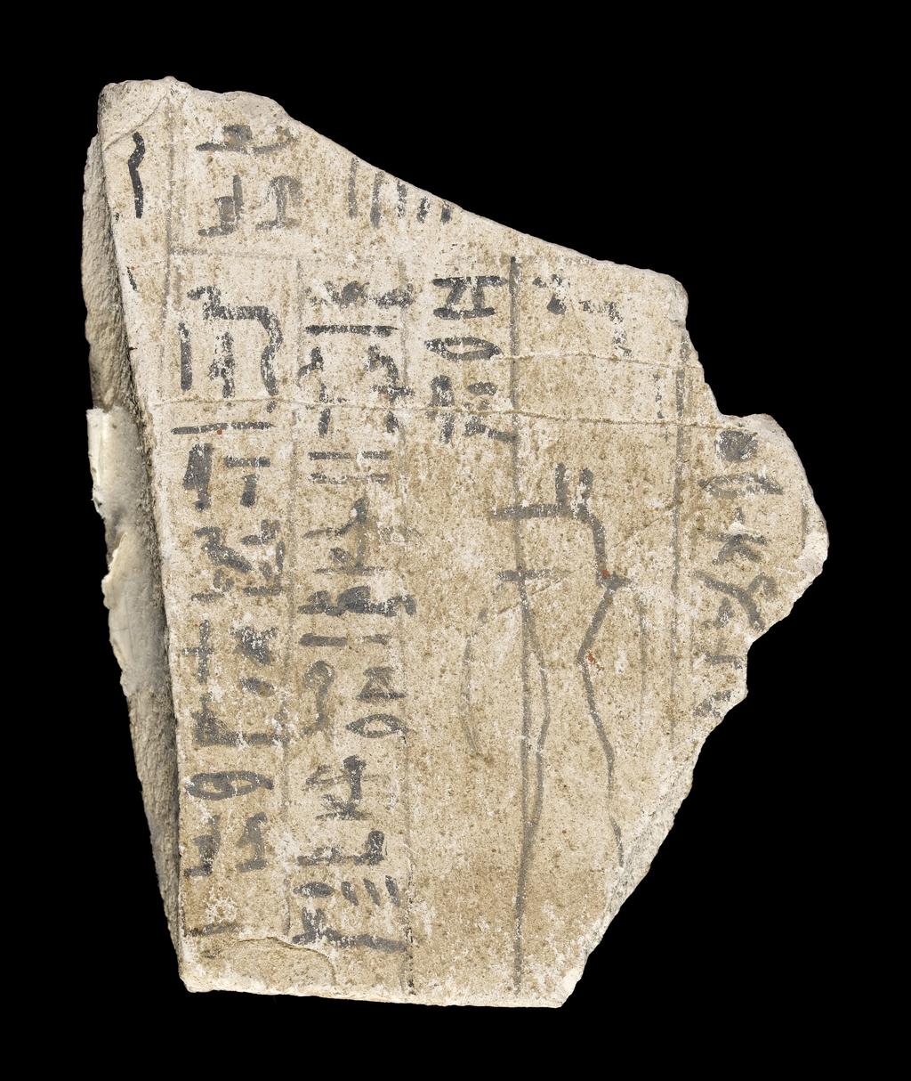 An image of Written Document. Ostracon, hieratic text, both sides, black ink. Production Place/Find Spot: Egypt.Limestone, length 0.07 m, width 0.095 m.  New Kingdom.