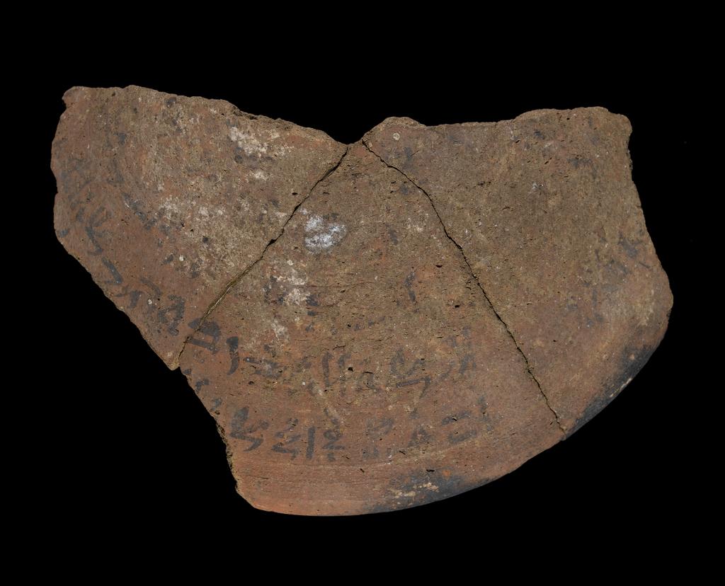 An image of Written Document. Ostracon. Bowl fragments (3), with 5 lines of inscription in hieratic. Production Place/Find Spot: Egypt. Length 0.12 m. New Kingdom.