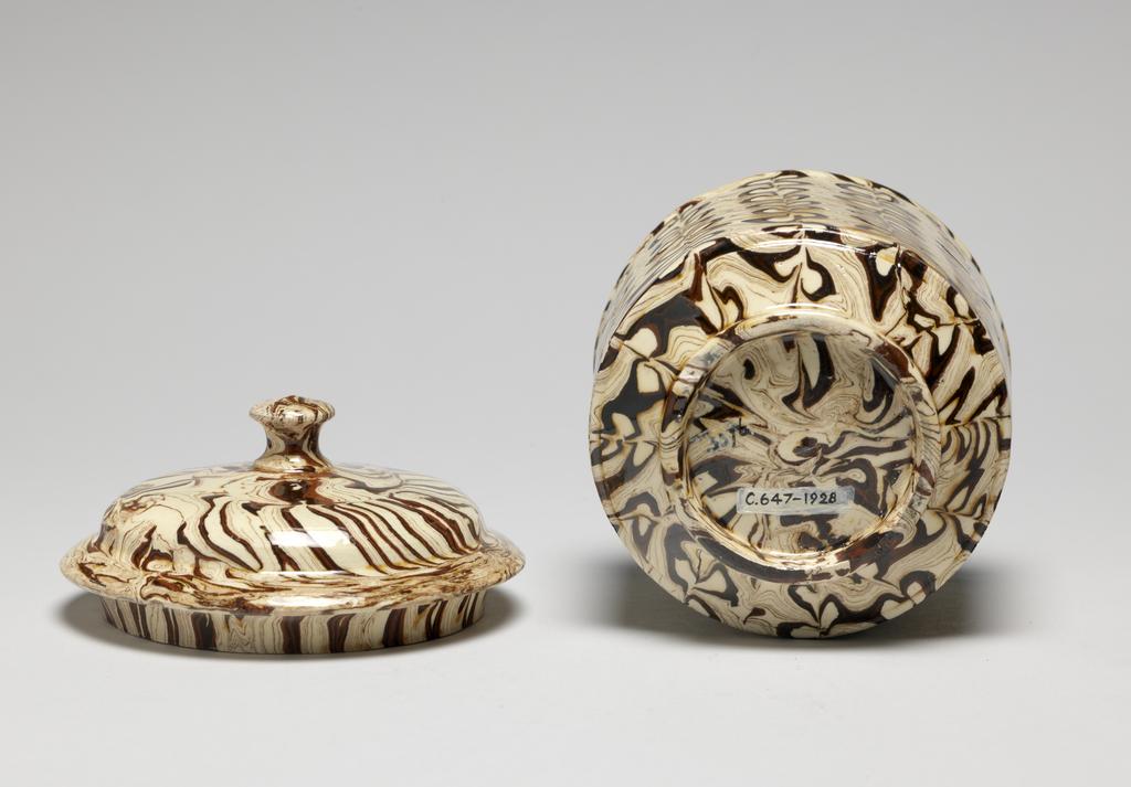 An image of Sugar Bowl. Unknown Staffordshire factory. Lead-glazed earthenware, marbled. English.