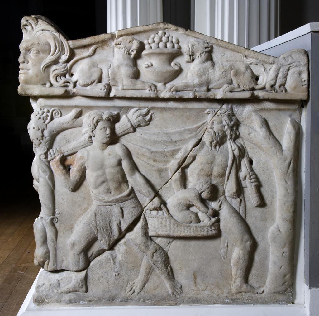 An image of Funerary Equipment. Pashley Sarcophagus, with relief showing triumphal return of Dionysos. Carved Luna Marble, height 0.697 m, length 2.22 m, weight 1.4 tonne, width 0.67 m. 101-200 AD, Middle Roman Period. Find Spot: Arvi Crete Greek Islands.