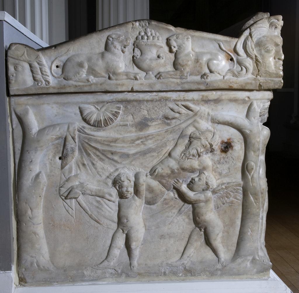 An image of Funerary Equipment. Pashley Sarcophagus, with relief showing triumphal return of Dionysos. Carved Luna Marble, height 0.697 m, length 2.22 m, weight 1.4 tonne, width 0.67 m. 101-200 AD, Middle Roman Period. Find Spot: Arvi Crete Greek Islands.