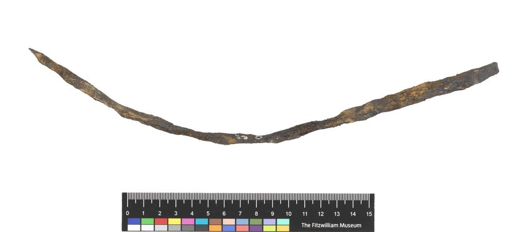 An image of Equipment. Utensil. Spit, used as money. Find Spot: Temple of Artemis Orthia, Sparta, Greece. Depth 0.008 m, width 0.3 m.