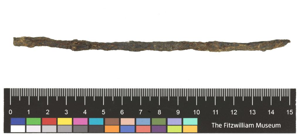 An image of Equipment. Utensil. Spit, used as money. Find Spot: Temple of Artemis Orthia, Sparta, Greece. Depth 0.006 m, width 0.15 m.