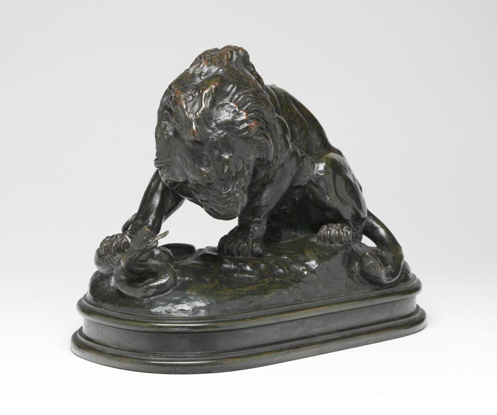 An image of A Lion crushing a Serpent. Barye, Antoine Louis (French, 1796-1875). Bronze, height 16.8 cm, length 21.5 cm, width 10.5 cm, between 1825-1875. Sir Ivor and Lady Batchelor Bequest.