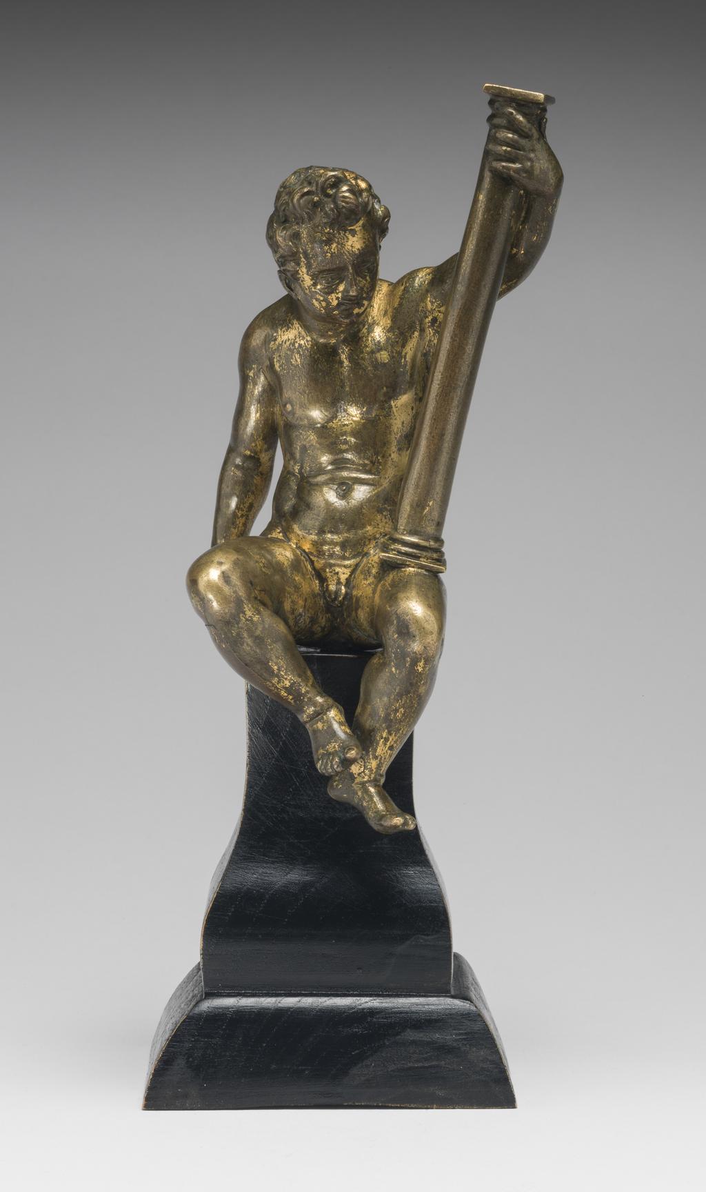An image of Figure. Seated Putto with a Column. Gerhard, Hubert (Netherlandish, 1550-1622/3). Copper alloy, probably bronze, cast, chased, and gilded, height, whole, 17.3 cm, circa 1580-1585. Renaissance. Production Place: Germany.