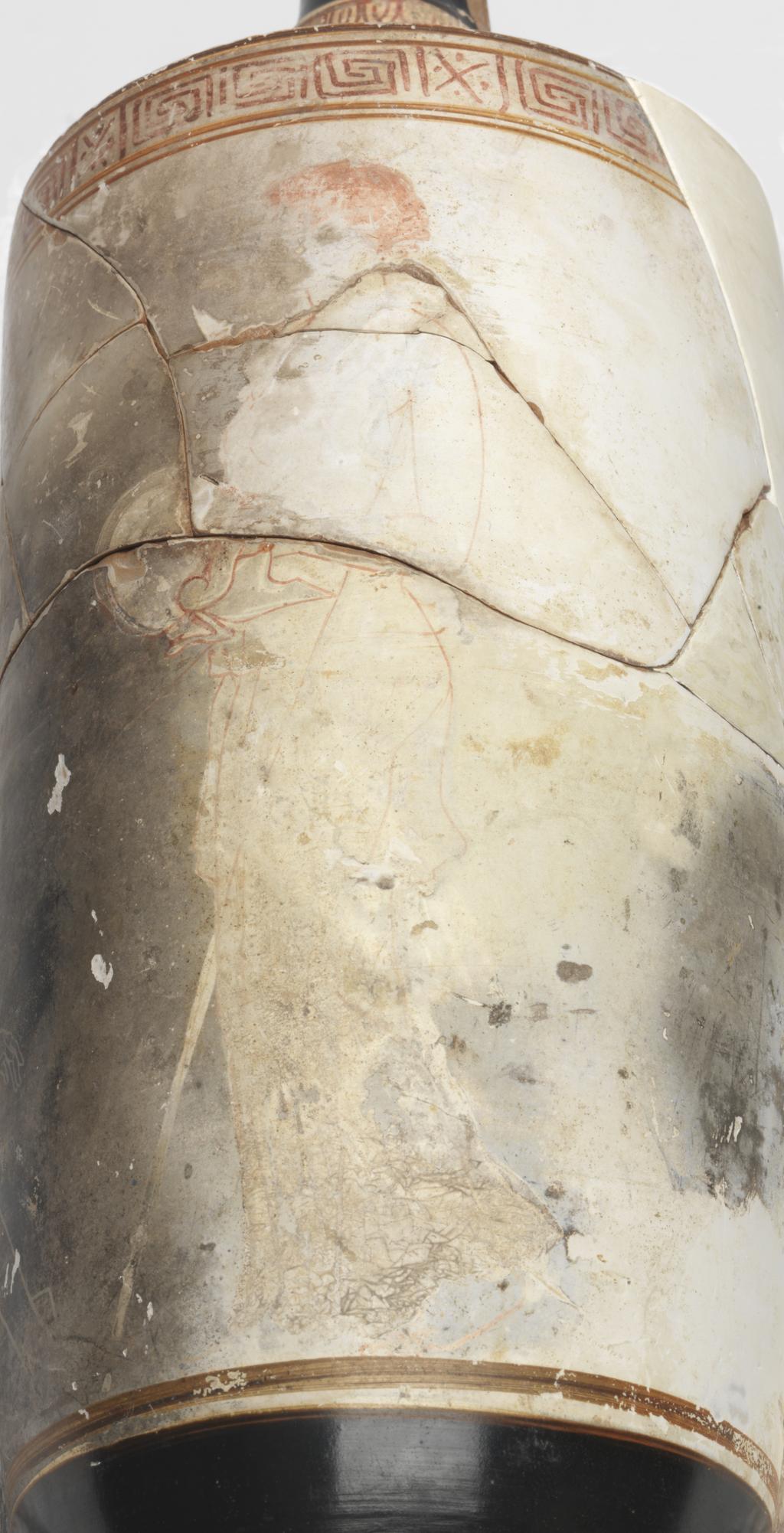 An image of Vessel. Lekythos, young man at grave. Find Spot/Production Place: Athens, Attica, Greece. Clay, white-ground, height 0.348 m, width 0.118 m, 440 B.C. Classical Period.