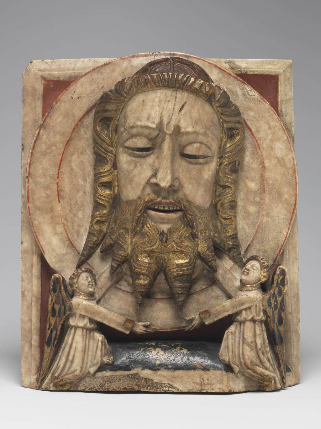 An image of Sculpture/Relief. Head of John the Baptist on a Dish. Unknown, Nottinghamshire (almost certainly). Alabaster, carved in high relief,with remnants of painting in red, brown, and black, and gilding, circa 1450- circa 1500. Gothic. Medieval.