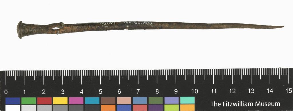 An image of Jewellery. Toggle-pin. Production Place: Cyprus. Find Spot: Vounous Cyprus; Tomb 84. Copper, length 0.143 m, width, shaft, 0.01 m, maximum, 2400 to 2201 B.C. Early Cypriot I. Bronze Age.