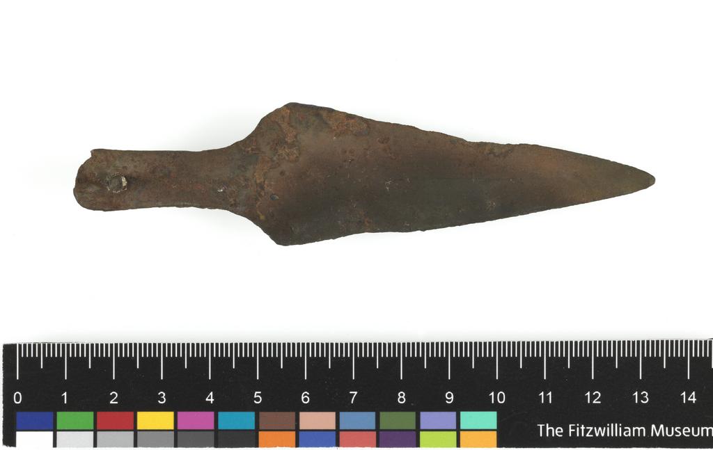 An image of Weapons. Dagger. Production Place: Cyprus. Find Spot: Vounous Cyprus; Tomb 154. Copper, length 0.122 m, width 0.032 m, 2400 to 2201 B.C. Early Cypriot I. Bronze Age.