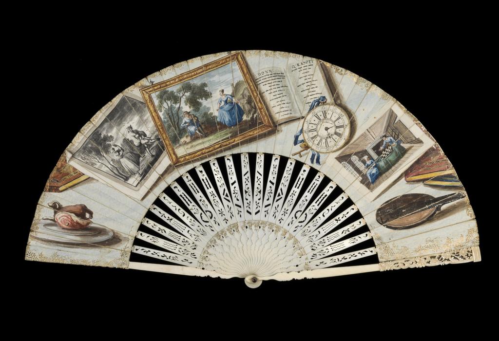 An image of Folding Fan. Trompe l'oeil fan. Unidentified maker. Front: Painted overall with a trompe l'oeil design comprising from left to right: a leg of ham on a dish; a dog; part of a book; a print, painted en grisaille with a man playing bagpipes to the music of which a woman is dancing and playing castanets, signed 'Jno Faber fecit 1757'; a framed, coloured landscape in which a woman is dancing to the music of a violin played by a man seated under a tree; an open book inscribed DONN QUICKSOTT; a watch inscribed '-(J)EWELL' and 'LONDON'; a coloured picture of a man and woman playing draughts in a panelled room; two books and the sound box end of a lute. The edges have borders of gold vine. Reverse: Painted in blue, yellow, black and brown, three closed books, an open book of music, a sheet of music and a flute, surrounded by scrolls. Sticks: The lower part of each stick is shaped, the upper part is straight and tapering and pierced by simple geometrical and plant motifs. Where the shaping ends there is a band of gilt plant ornament. Single leaf of skin? painted in gouache and gilt. Sticks of bone, shaped, pierced and gilt; guards of pierced, carved and gilt bone (21+2). Rivet set with garnet pastes, length, guards, 25.7 cm, 1757. English.