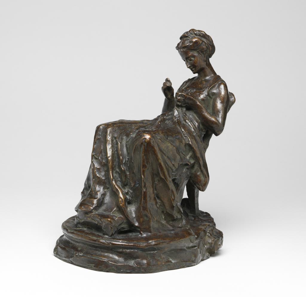 An image of La Couseuse. Bronze figure of a woman sewing. Dalou, Aimé-Jules (French, 1838-1902). Bronze, 1870. Sir Ivor and Lady Batchelor Bequest.