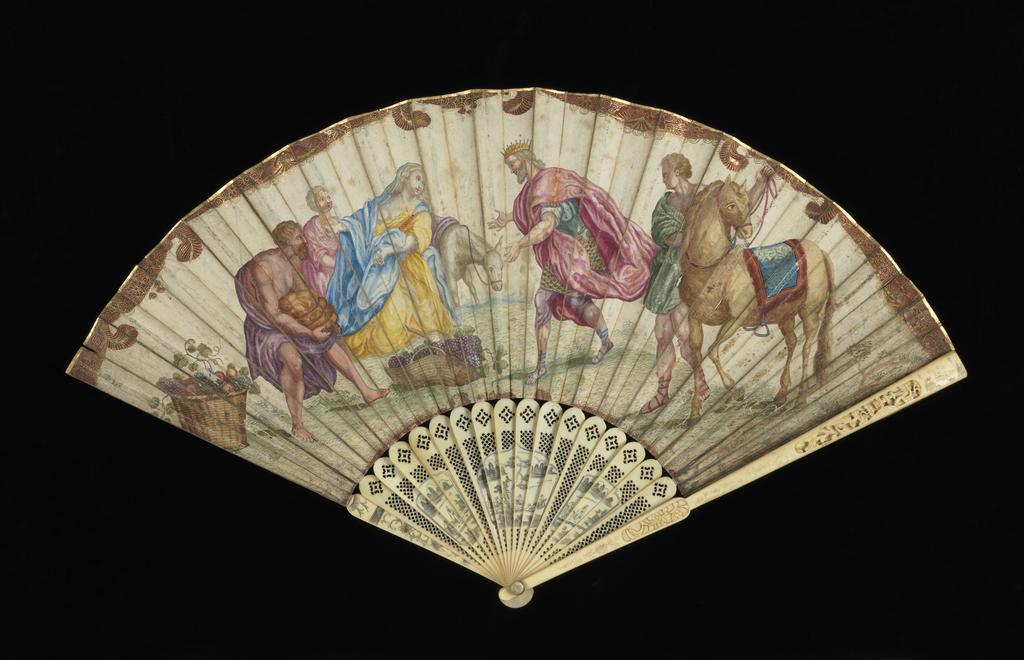 An image of Folding fan, with on the front, a representation of David and Abigail; on the reverse, a lamb, a bird, a butterfly and a basket of fruit.  Unknown, maker, China. Single vellum leaf painted in bodycolour and gilt. The sticks are of ivory pierced in a fishscale motif and then etched; the guards are of carved and etched ivory. Length, guards, 24.5 cm. Circa 1720 to circa 1730. Notes: The sticks and guards are Chinese and would have been exported to Europe to be mounted and decorated. The leaf and decoration are from Northwest Europe. Messel-Rosse Collection.