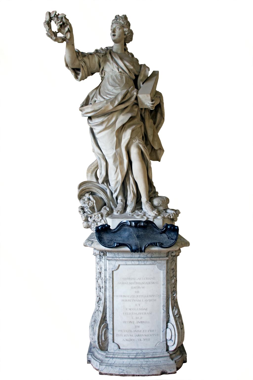 An image of BARATTA, Giovanni (the Younger)GloryCarrara white marble, carved in the round; on grey veined marble pedestal, with black marble cartouche. A full length figure of a woman, representing 'Glory' supported on a high pedestal.The inscription on the black marble is not the original as devised by James Brydges, first Duke of Chandos (1784-1744) which read: GLORIA MARLBURI, LAURO TUA TEMPORA CINGIT/DIVA LUBENS QUORSIUM? PAR DECUS INDE REFERT.C.1715Florence, Italy