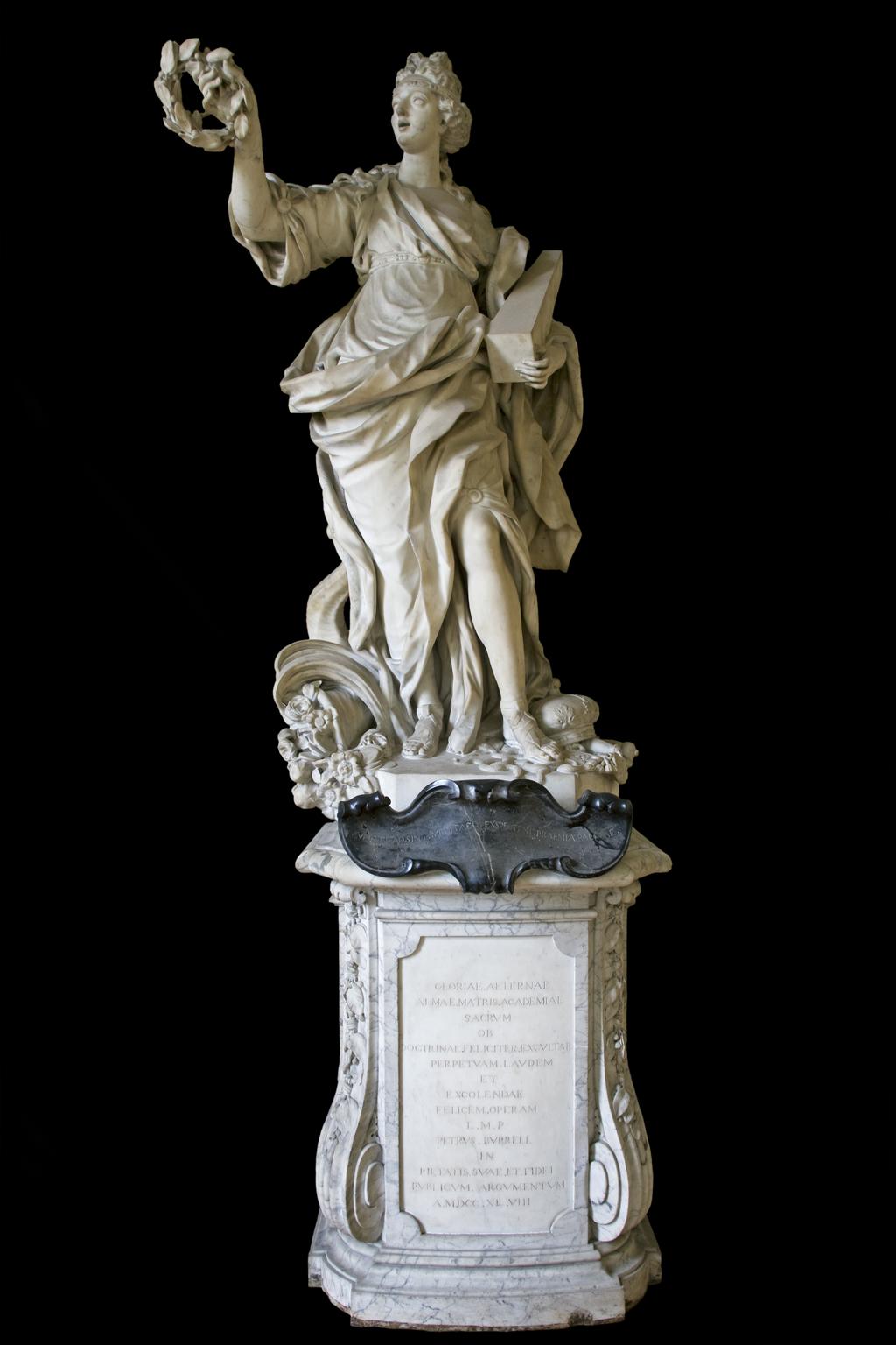 An image of BARATTA, Giovanni (the Younger)GloryCarrara white marble, carved in the round; on grey veined marble pedestal, with black marble cartouche. A full length figure of a woman, representing 'Glory' supported on a high pedestal.The inscription on the black marble is not the original as devised by James Brydges, first Duke of Chandos (1784-1744) which read: GLORIA MARLBURI, LAURO TUA TEMPORA CINGIT/DIVA LUBENS QUORSIUM? PAR DECUS INDE REFERT.C.1715Florence, Italy