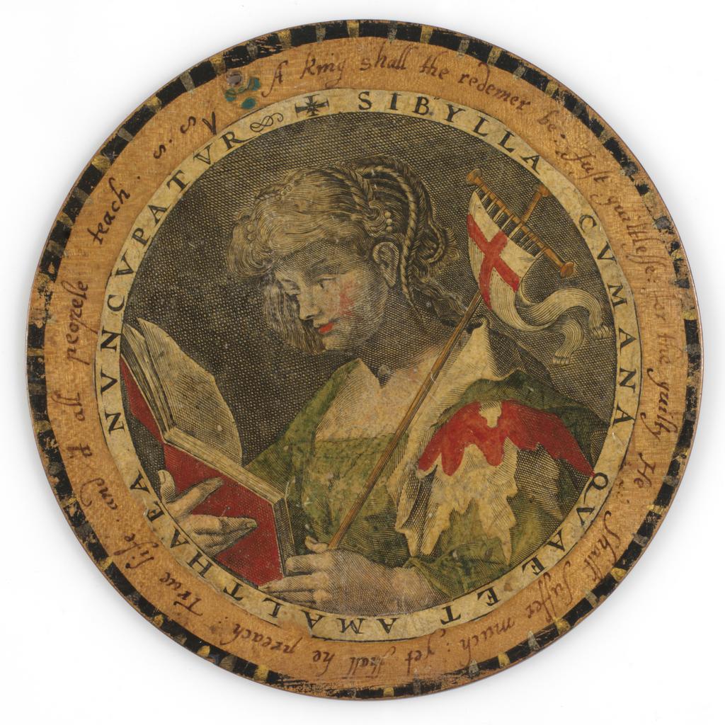 An image of Roundel or trencher. One of twelve wooden roundels, with an applied print of Cumaean Sibyl (Sibylla Cumana). Hand-coloured in red, green, ochre and black. Inscribed in black ink. Undecorated reverse. With a small hole near the top at the edge, diameter 13.7 cm , circa 1601-1625. Part of M.5.1-13 & A-1920: Box containing twelve roundels or trenchers. Unknown maker, after Passe, Crispijn I de, printmaker (Flemish, 1564-1637). Circular box and cover of turned wood, containing twelve roundels. Each decorated with an applied hand-coloured engraving of a Sibyl, surrounded by a hand-written English inscription. Height, box, 6.7 cm, diameter, box, 17.1 cm, diameter, roundels, 13.7 cm, circa 1601 to circa 1625.
