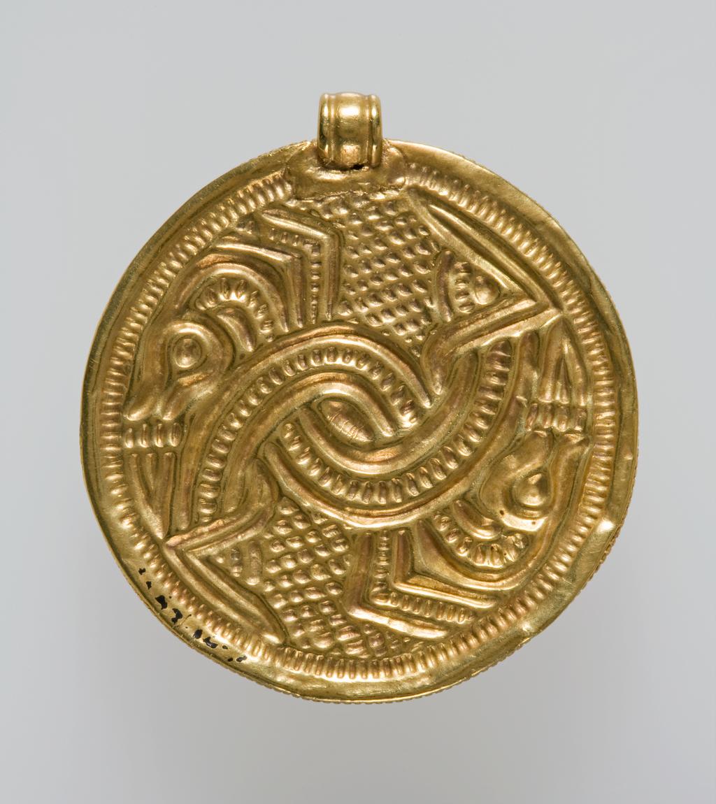 An image of Bracteate. Gold, embossed and chased. Sheet gold, embossed with two interlaced lacertine monsters on a ground of chequers in Style II. Height 3.8 cm, width 3.8 cm. Anglo-Saxon, Kent. Circa 600-700.