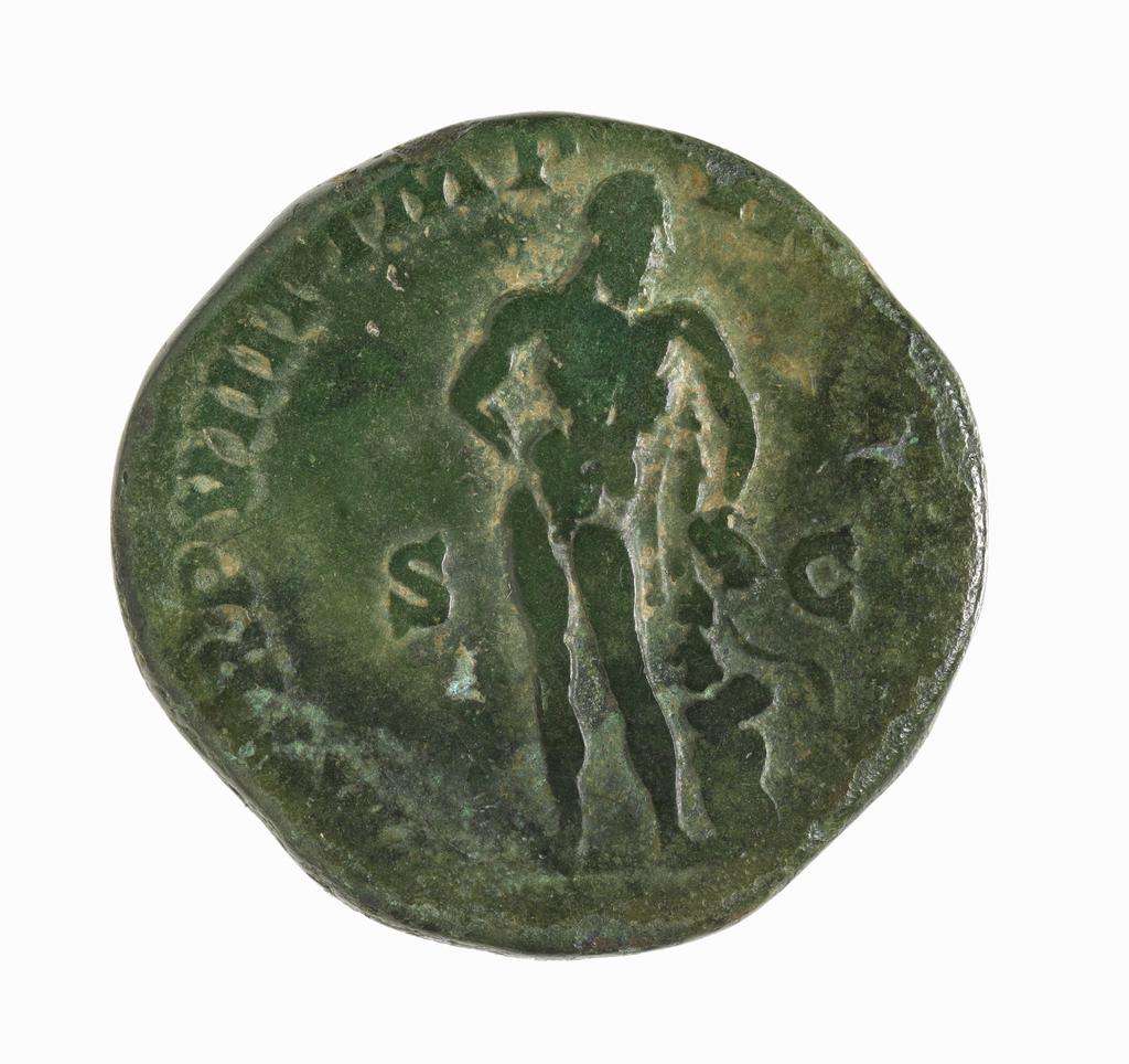 An image of Coinage. Sestertius. Obverse: Head of Commodus. Reverse: Hercules, leaning on club. Commodus (180-192), ruler. Roman Empire. Roman Imperial. Rome mint. Copper alloy, struck, image (height) 29 mm, image (width) 30 mm, weight 25.80 g, 183-184 AD.