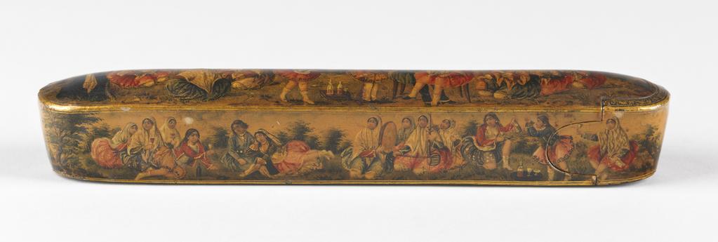 An image of Pen case/box. Unknown maker, Iran. Pen case, of lacquered and gilt wood, decorated on the top and sides with a young couple, attendant ladies and entertainers out-of-doors. Circa 1800-circa 1975. Qajar Period. Collection: Henry Scipio Reitlinger.