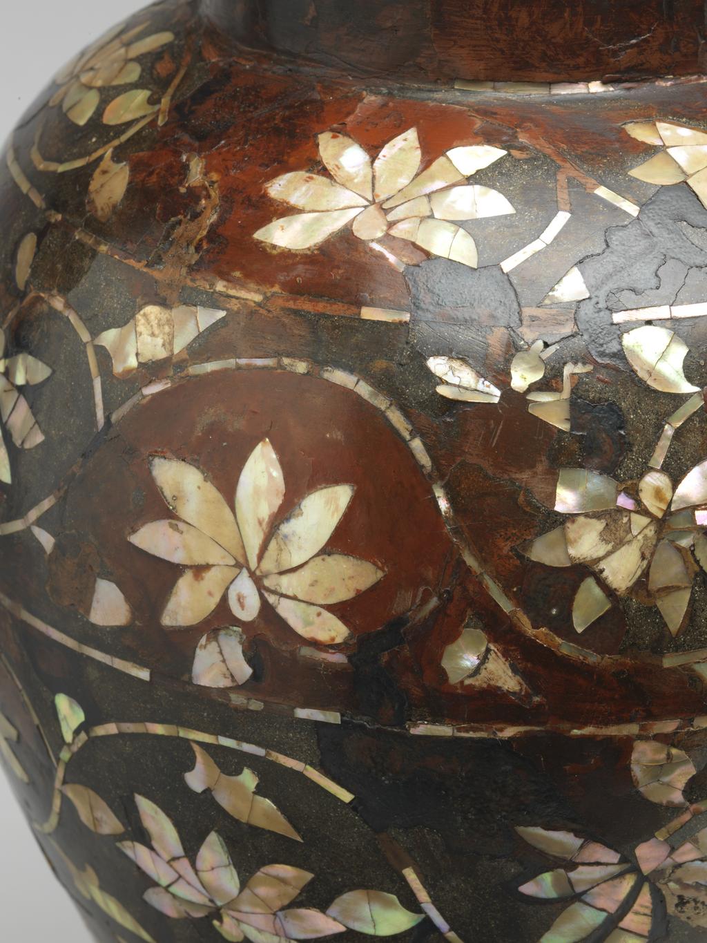 An image of Jar of Maebyeong Shape. Lacquer on wooden core, inlaid with mother of pearl, height 35.8 cm, diameter (rim) 10.2 cm, diameter (foot) 14.0 cm, circa 1600-1800. Choson Dynasty. Korean.