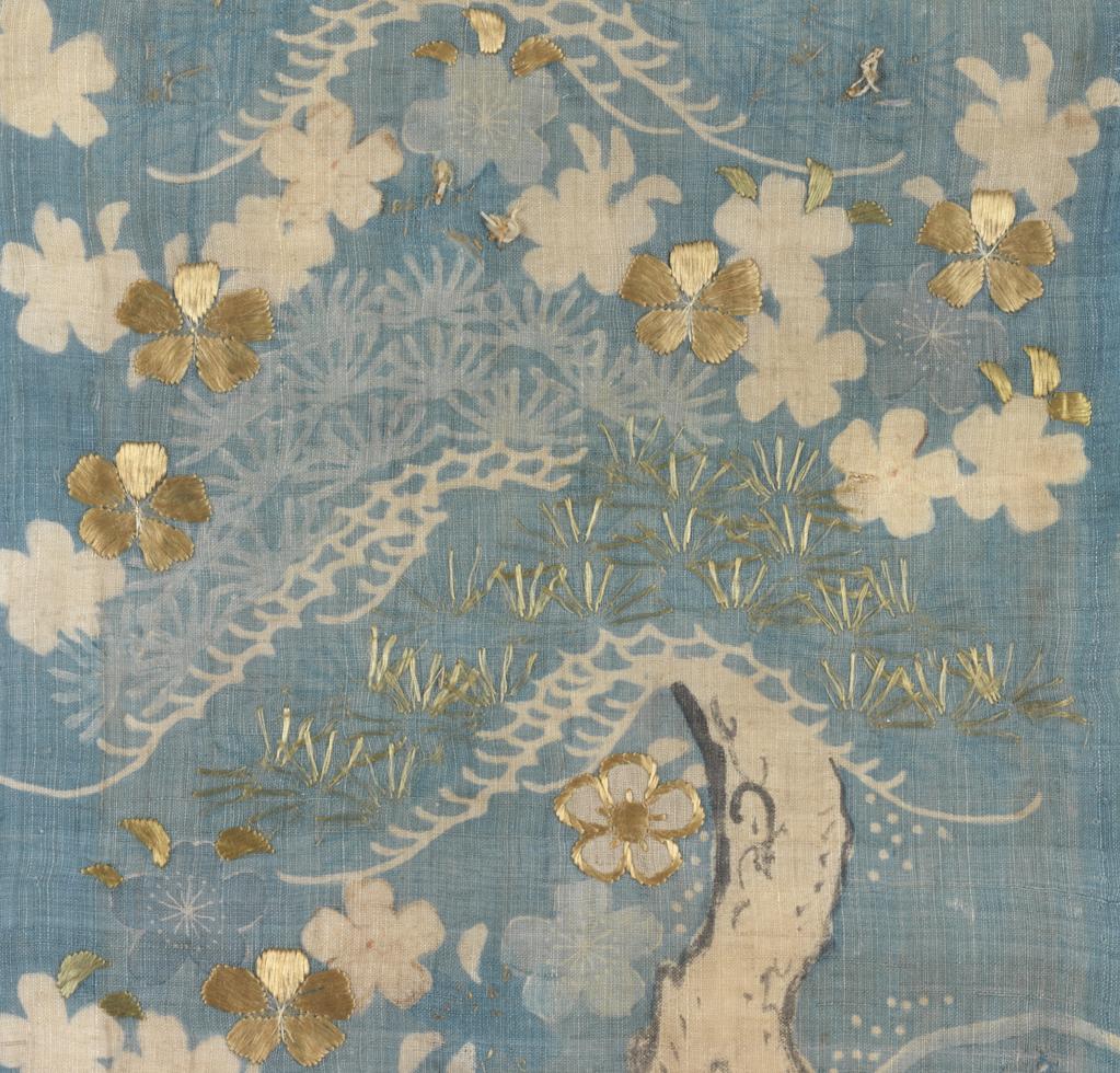 An image of Textiles. Sample. Unknown maker, Japan. River scene with bullrushes and ducks. Silk gauze, resist-dyed blue; painted and stencilled details in browns and yellows. Silk and metallic embroidery; satin, stem stitch and couching in green, orange, yellow and gold. Length, whole, 32 cm, width, whole, 24 cm, circa 1700. Acquisition Credit: Given by Mrs. Soame Jenyns, in accordance with the wishes of her late husband, Soame Jenyns.